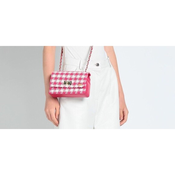 DESIGNER TSD12 PINK/WHITE CHECK FABRIC PRINT CHAIN DETAIL SMALL CROSSBODY BAG - Picture 12 of 13
